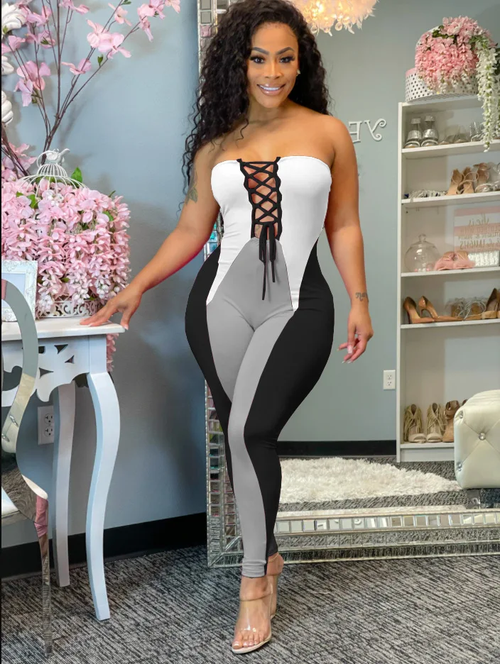 Women Color Block Strapless Bodycon Skinny Jumpsuits
Women Color Block Strapless Bodycon Skinny Jumpsuits