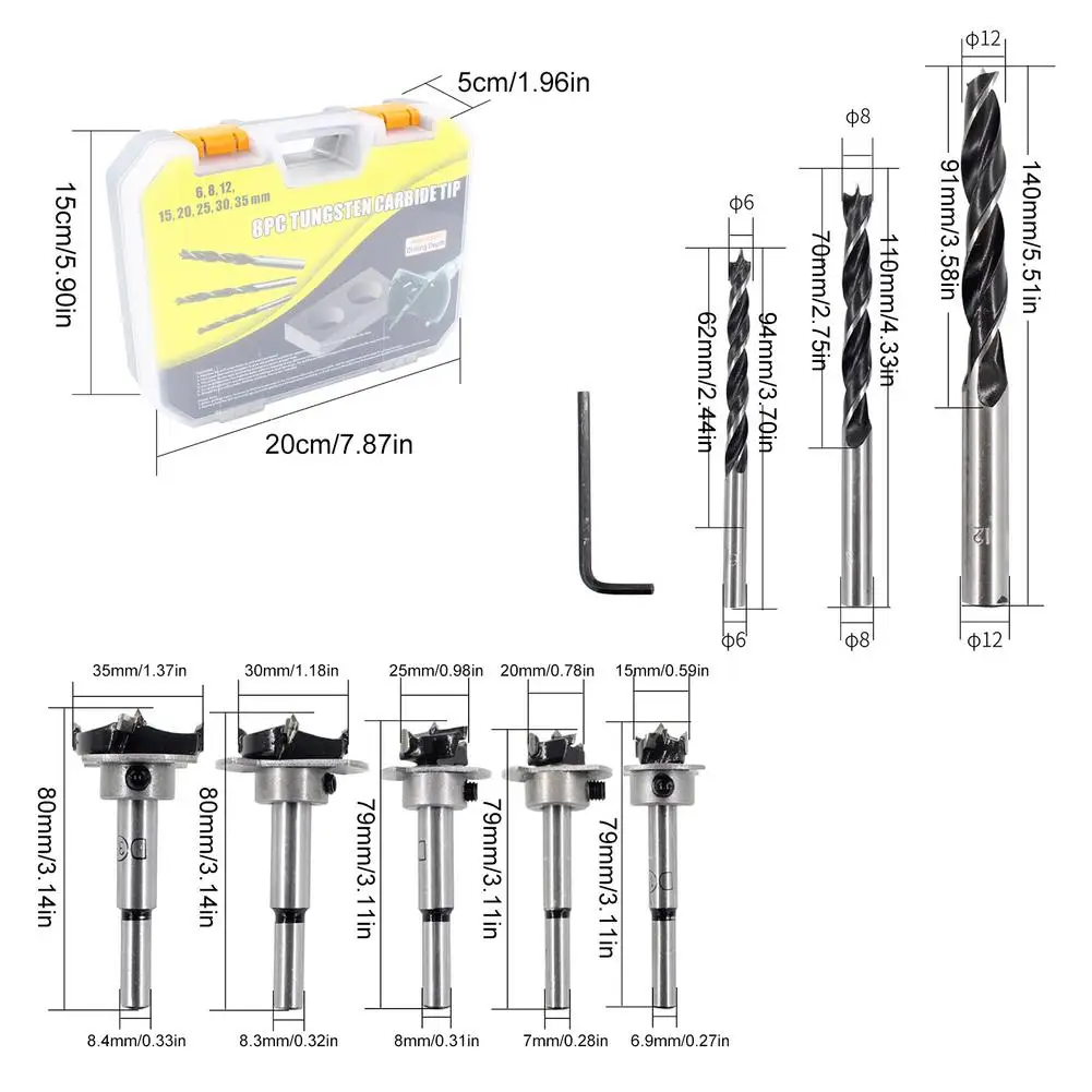 8Pcs Carbide Three-Point Drill Woodworking 6/8/12 Bit Set Perforating Support Drill Electric Drill Rotary Head Wood Plank Hole
8Pcs Carbide Three-Point Drill Woodworking 6/8/12 Bit Set Perforating Support Drill Electric Drill Rotary Head Wood Plank Hole