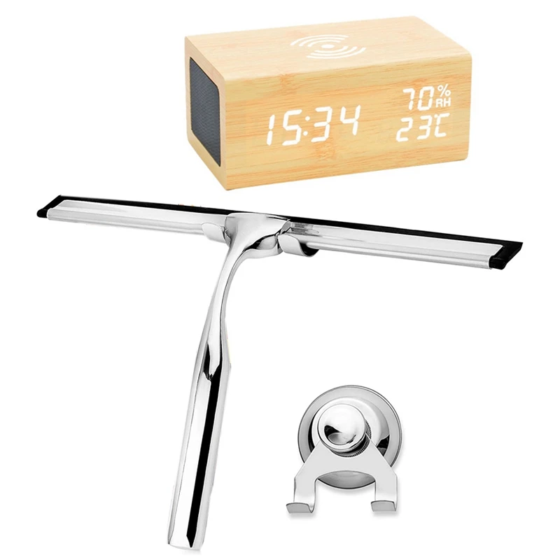 Shower Squeegee Stainless Steel, with Suction Cup Holder with Wood Digital Alarm Clock
Shower Squeegee Stainless Steel, with Suction Cup Holder with Wood Digital Alarm Clock
