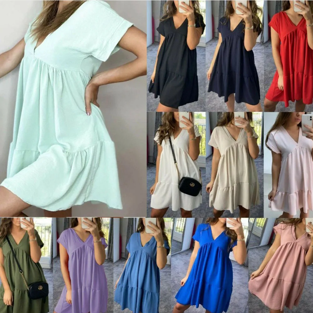 Fashion Women's Summer V Neck Dress Casual Loose Folds Ruffled Solid Color Black And White Big Swing Short Sleeved Dresses 2021
Fashion Women's Summer V Neck Dress Casual Loose Folds Ruffled Solid Color Black And White Big Swing Short Sleeved Dresses 2021
