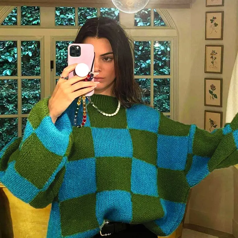 Retro Sweater Women's Plaid Lantern Sleeve Loose Casual Knit Pullover Oversized O-Neck Contrasting Color Pullover 2021 Fall
Retro Sweater Women's Plaid Lantern Sleeve Loose Casual Knit Pullover Oversized O-Neck Contrasting Color Pullover 2021 Fall