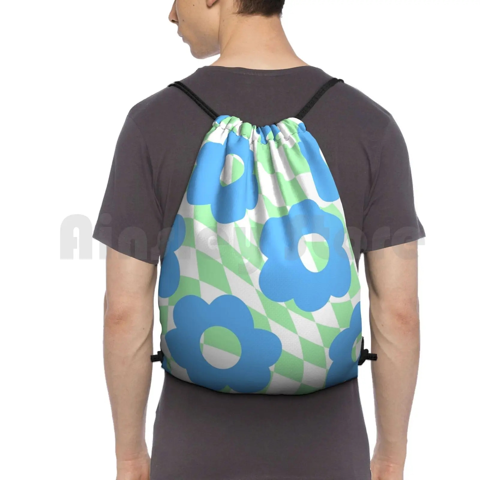 

Checkered Floral Backpack Drawstring Bag Riding Climbing Gym Bag Checker Check Twist Liquid Flower Floral Flowers Pattern