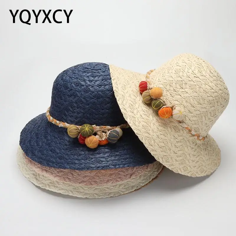 

YQYXCY Summer Hats For Women Straw Sun Hat Ladies Wide Brim Pumpkin Rope Chain Beach Sunshade Panama Cap Gorro Bucket Floppy New