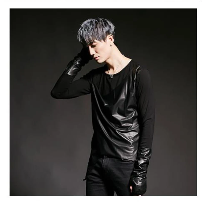 Men Leather Splice T-shirt Punk Gothic Style Tees Shirts Male Fashion Long Sleeve Slim Fit Special Cut T Shirt
Men Leather Splice T-shirt Punk Gothic Style Tees Shirts Male Fashion Long Sleeve Slim Fit Special Cut T Shirt