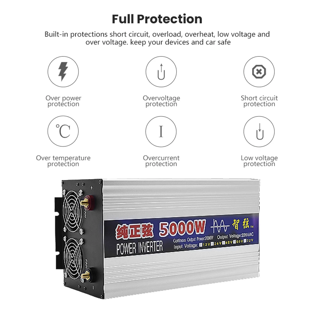 AOSHIKE Pure Sine Wave 5000W High-power Solar Inverter DC12V/24V 48V to AC220V 50HZ Voltage Converter Booster For Car Household
AOSHIKE Pure Sine Wave 5000W High-power Solar Inverter DC12V/24V 48V to AC220V 50HZ Voltage Converter Booster For Car Household