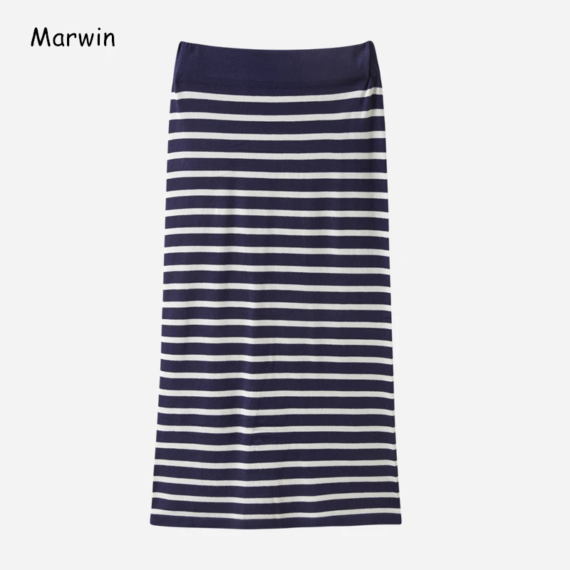 

Marwin 2020 New-Coming Autumn Winter Striped Straight Mid-Calf Knitted skirt Empire High Street Style Women Skirt