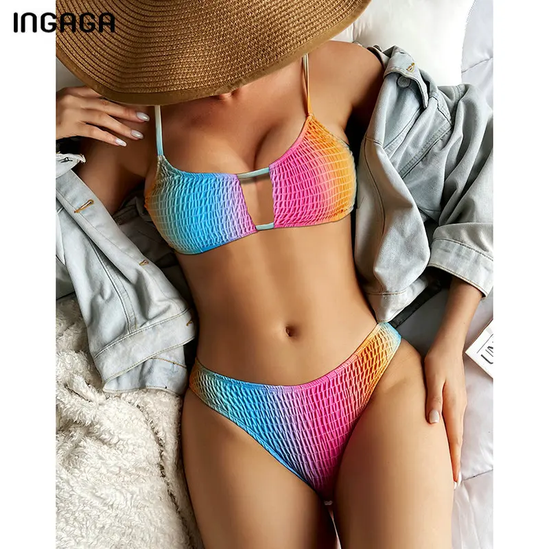 INGAGA Ombre Smocked Bikini Set Gradient Woman Swimsuits High Cut Swimwear Women 2021 Summer Beachwear Bathing Suit Biquini 
INGAGA Ombre Smocked Bikini Set Gradient Woman Swimsuits High Cut Swimwear Women 2021 Summer Beachwear Bathing Suit Biquini