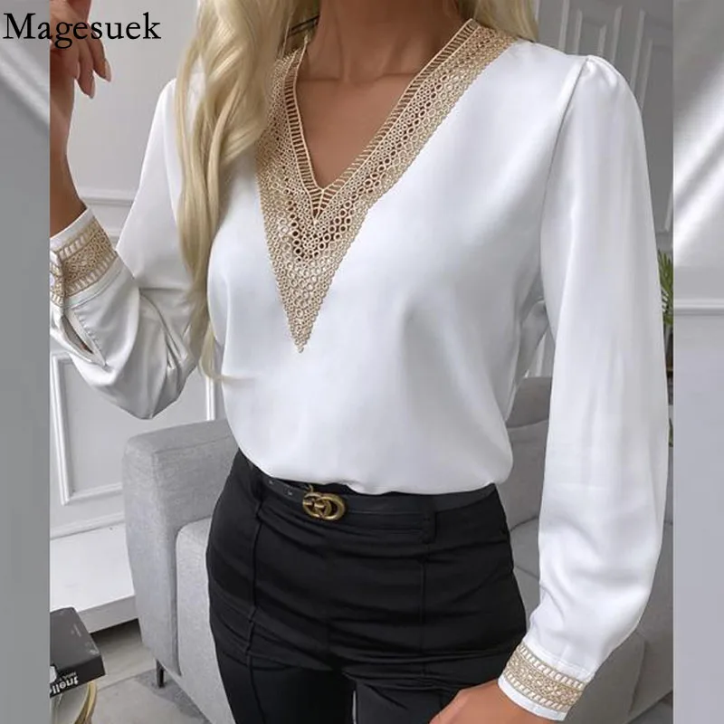 Casual Satin Silk Chiffon Shirts Embroidery V Neck Lace Long Sleeve Blouse Women Solid Autumn Hollow Out Women Tops Blusas 15777
Casual Satin Silk Chiffon Shirts Embroidery V Neck Lace Long Sleeve Blouse Women Solid Autumn Hollow Out Women Tops Blusas 15777
