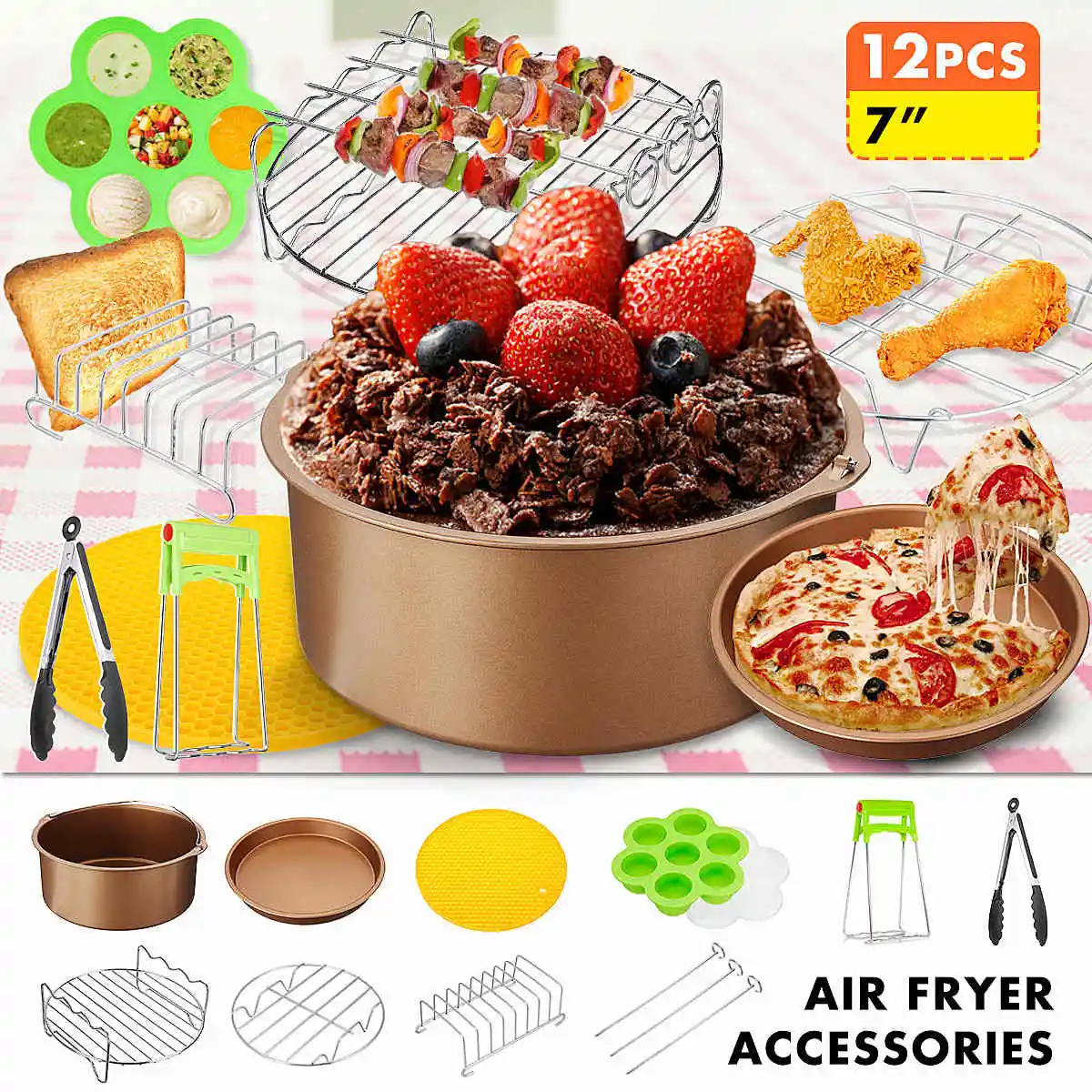 12Pcs/Set 7 Inch Air Fryer Accessories Set Pizza Pan Cake Barrel Rack Home Grill Cooking Tools For 3.2~6.8QT Air Fryer
12Pcs/Set 7 Inch Air Fryer Accessories Set Pizza Pan Cake Barrel Rack Home Grill Cooking Tools For 3.2~6.8QT Air Fryer