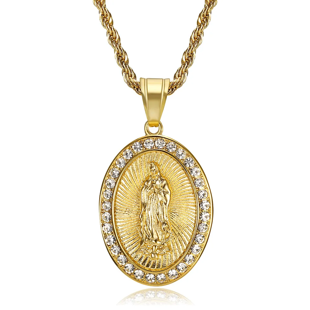 Hip Hop Iced Out Virgin Mary Pendant Necklaces Gold Color Stainless Steel Chains For Men Women Bling Jewelry Dropshipping
Hip Hop Iced Out Virgin Mary Pendant Necklaces Gold Color Stainless Steel Chains For Men Women Bling Jewelry Dropshipping