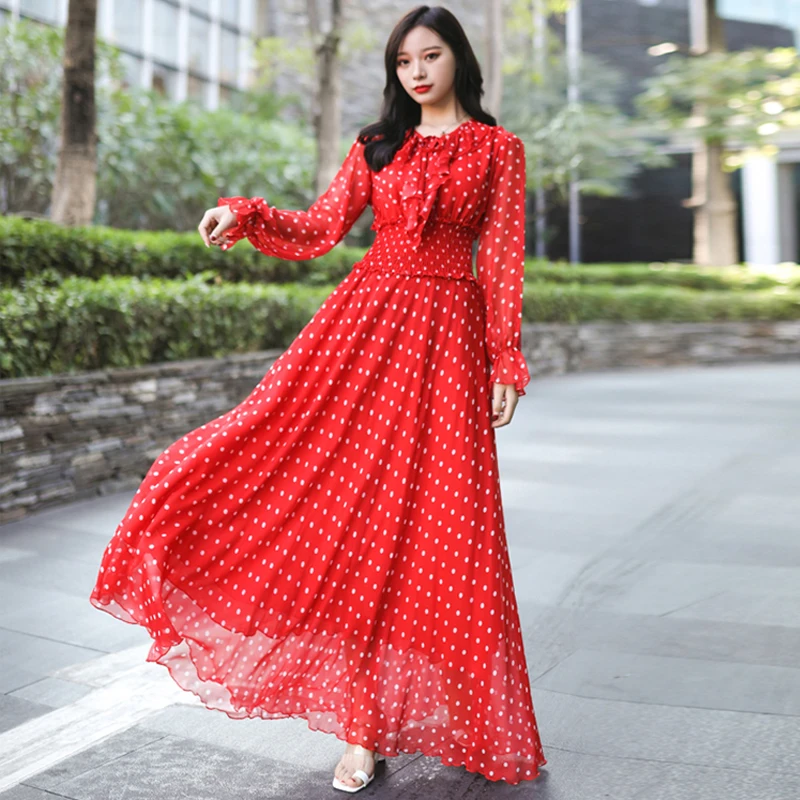 2020 Spring Lady High Quality Bohemia Chiffon Rubber Waist Maxi Dress polka dot Vestidos Holiday Beach Casual Long Easter Dress
2020 Spring Lady High Quality Bohemia Chiffon Rubber Waist Maxi Dress polka dot Vestidos Holiday Beach Casual Long Easter Dress