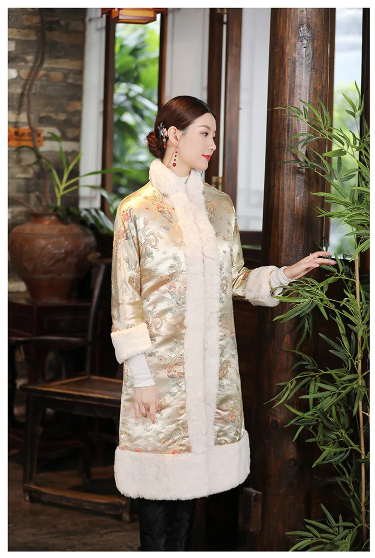 winter Chinese retro traditional Tang style jacquard elegant long section cotton lining jacket outerwear with fur hem for women
winter Chinese retro traditional Tang style jacquard elegant long section cotton lining jacket outerwear with fur hem for women