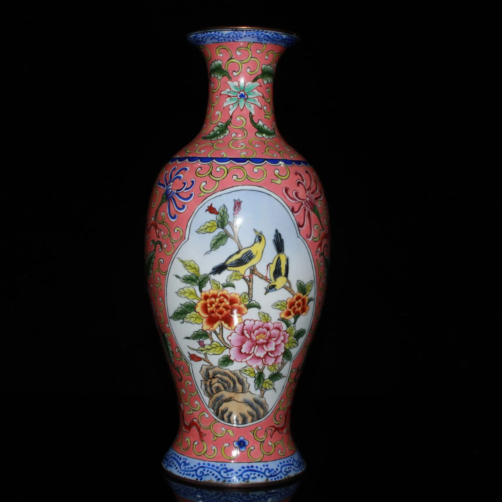 

Китайская антикварная ваза, старинная медная эмаль ручной работы, 2 украшения в виде птиц, украшение для дома, нижняя часть с надписью Qianlong