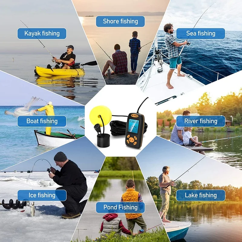Fish Finder Portable Boat Depth Fishing Handheld Fish Finders Depth with Sonar Transducer and LCD Display
Fish Finder Portable Boat Depth Fishing Handheld Fish Finders Depth with Sonar Transducer and LCD Display