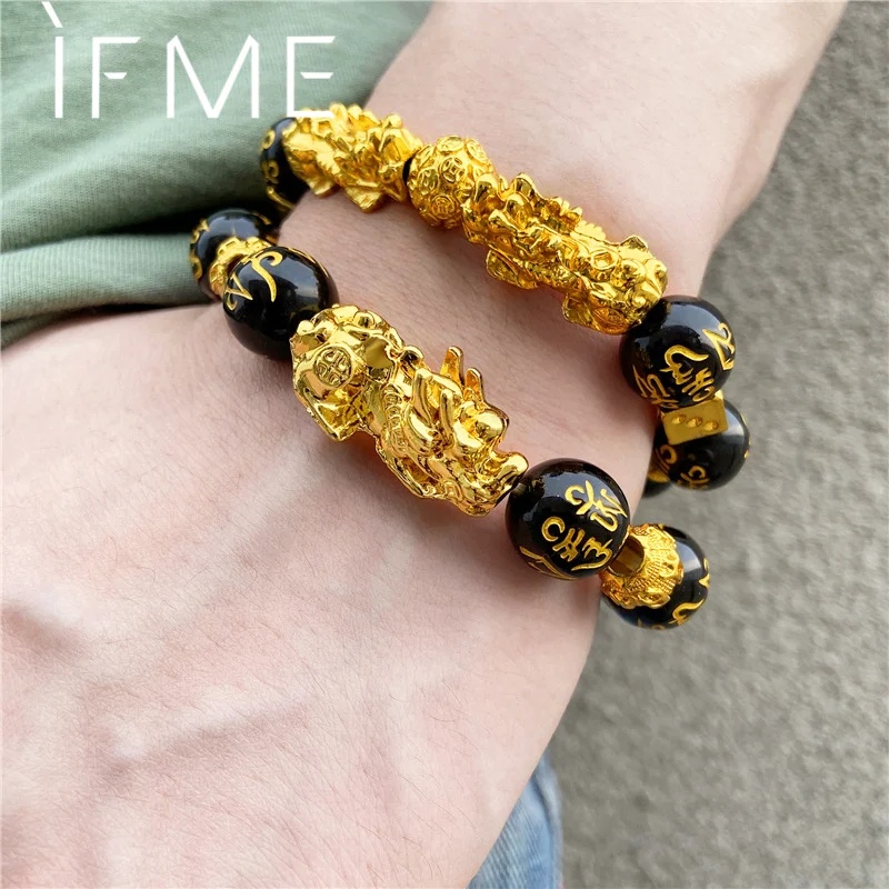 Фото Фортуна богатство удачи Fengshui Pixiu Будда бусы браслет для мужчин унисекс золотой