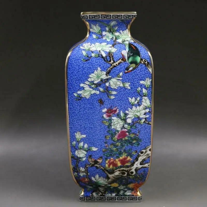 

Chinese Blue Enamel Porcelain Gilt Edge Flower Bird Design Four Sides Vase 9.92 inch