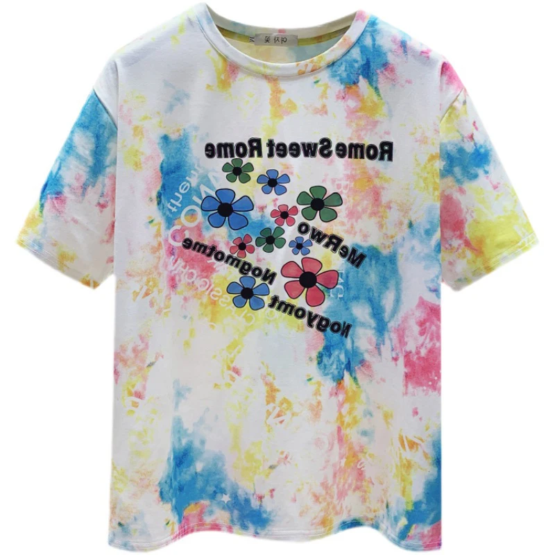 2021 European Style Short Sleeve Tees Mujer Students Tie Dye Letters Floral Print Loose Summer Tops Cotton O Neck Women Tshirts
2021 European Style Short Sleeve Tees Mujer Students Tie Dye Letters Floral Print Loose Summer Tops Cotton O Neck Women Tshirts