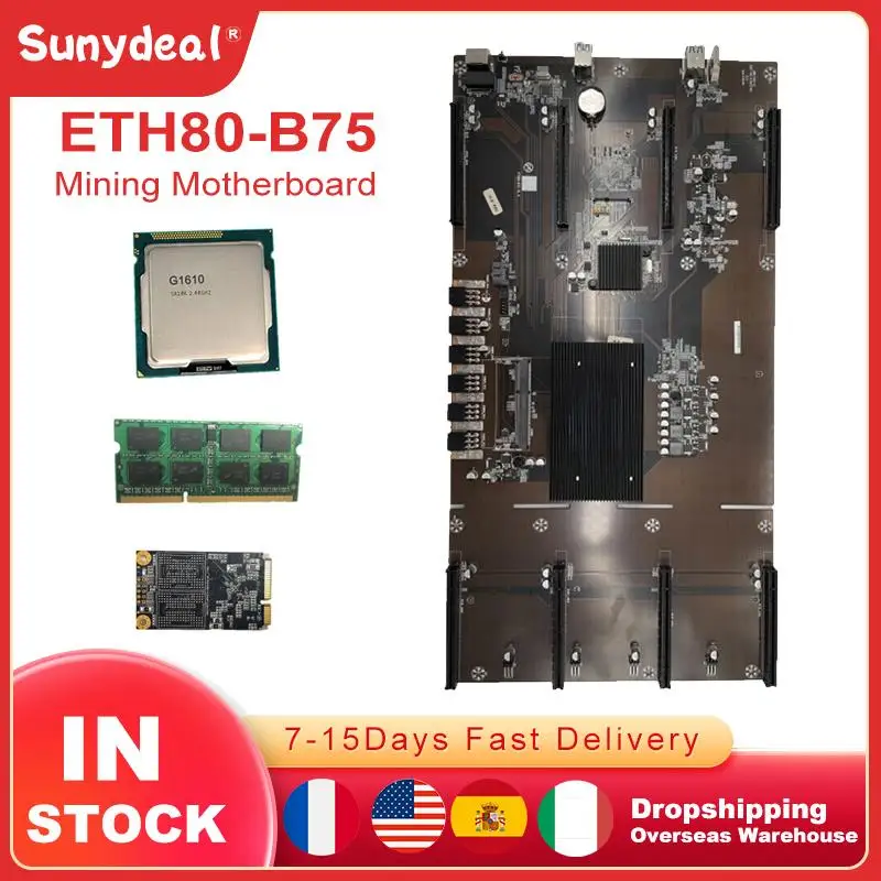 ETH 80 B75 Mining Motherboard 8 GPU Graphics Cards Slot Support LGA 1155 BTC Miner Motherboard Set with CPU 120G mSATA DDR3 RAM
ETH 80 B75 Mining Motherboard 8 GPU Graphics Cards Slot Support LGA 1155 BTC Miner Motherboard Set with CPU 120G mSATA DDR3 RAM