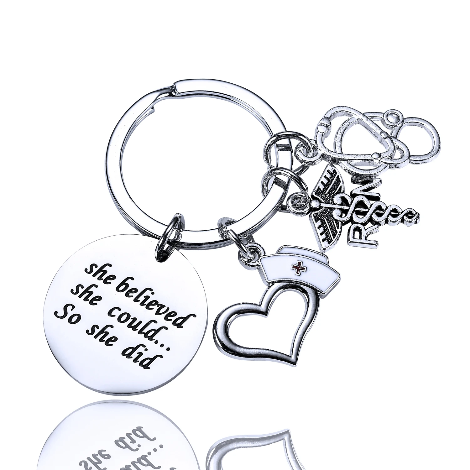

36PCs She Believed She Could So She Did Keyrings Nurse Hat RN Stethoscope Stainless Steel Charm Pendant Keychains Nurse Gift Hot