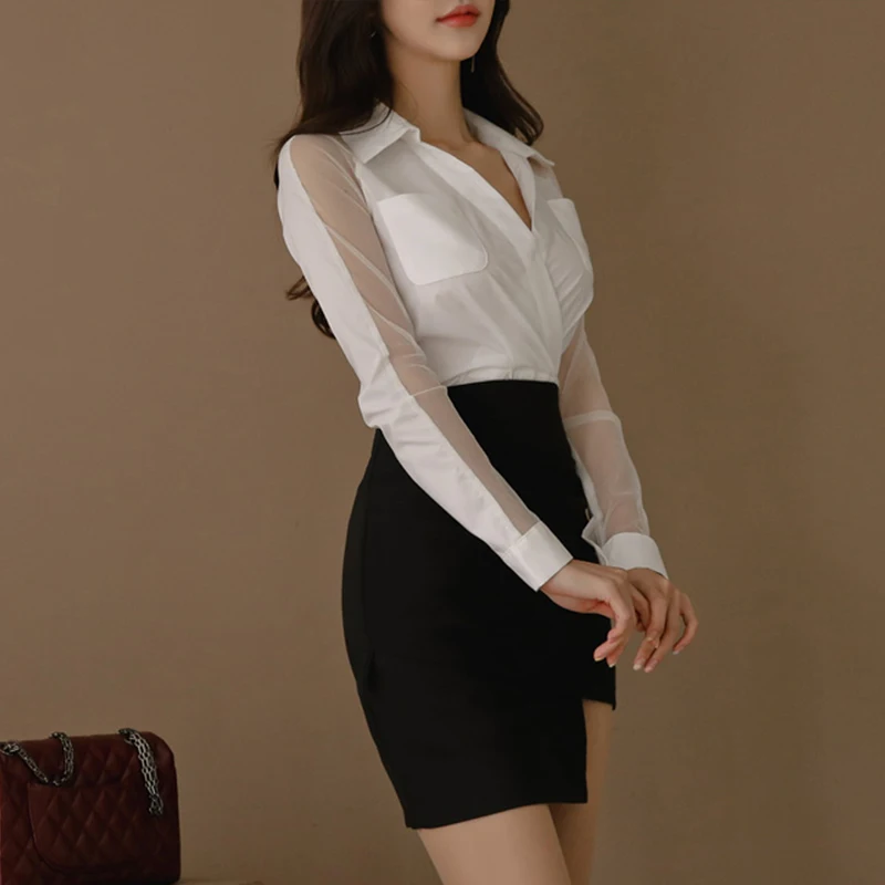 Office Ladies Women 2 Pieces Suits Mesh Patchwork White Shirt Top & Irregular Sheath Bodycon Short Skirt Work Wear Set 2020 | Женская