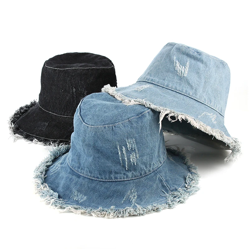 

New Summer Women Denim Bucket Hat Vintage Washed Floppy Cap Wide Brim Foldable Fisherman Hats Outdoor Beach Sun Hat For Girl