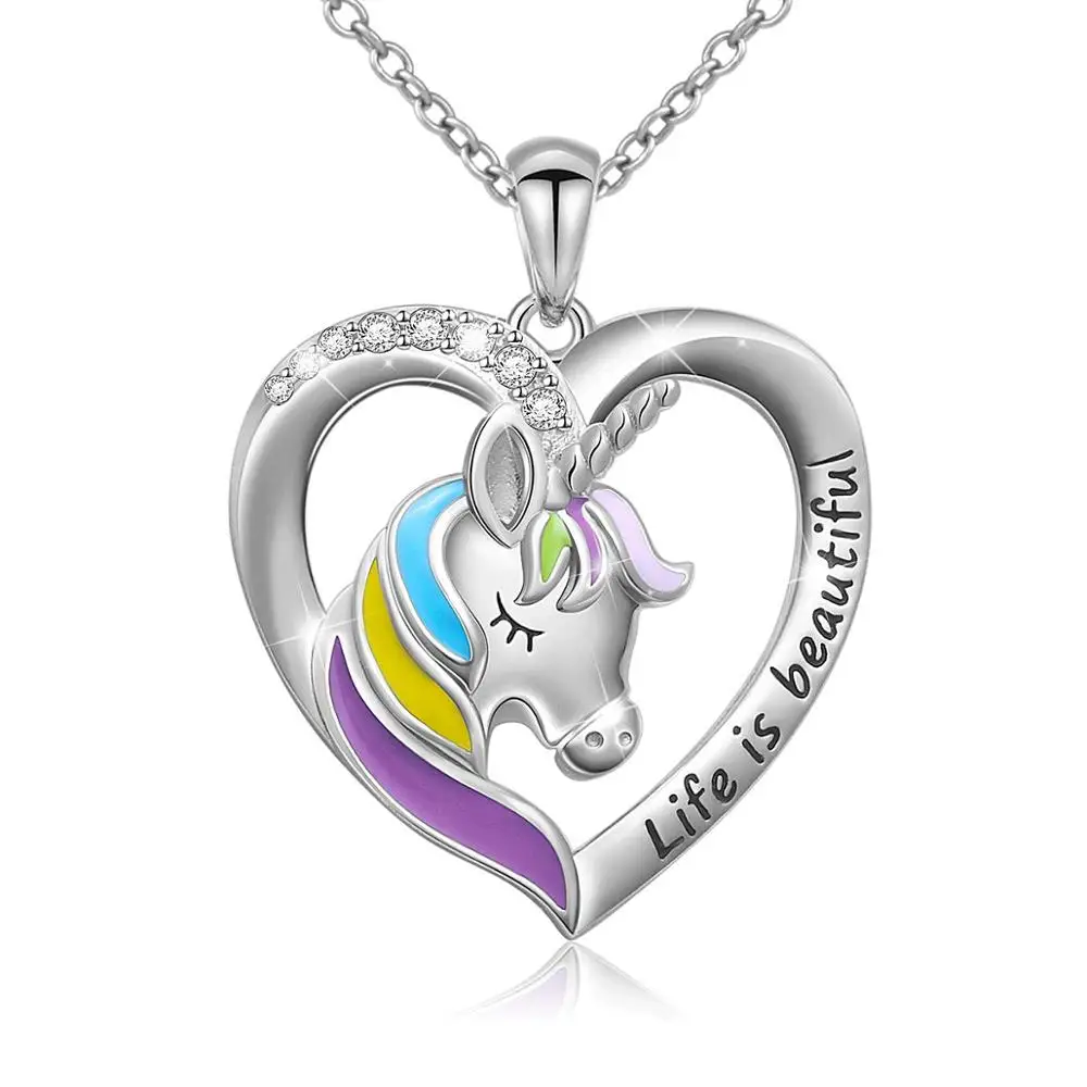 Rainbow Unicorn Heart Necklaces for Women Cute Cartoon Animal Necklace Life Is Beautiful Statement Jewelry Gifts for Children
Rainbow Unicorn Heart Necklaces for Women Cute Cartoon Animal Necklace Life Is Beautiful Statement Jewelry Gifts for Children