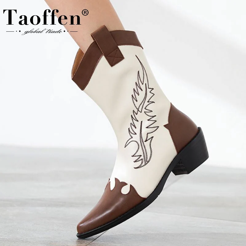 Taoffen Size 33-40 Women Real Leather Mid Calf Boots Thick Heels Mixed Color Slip On Fashion Winter Vintage Ladies Footwear 
Taoffen Size 33-40 Women Real Leather Mid Calf Boots Thick Heels Mixed Color Slip On Fashion Winter Vintage Ladies Footwear