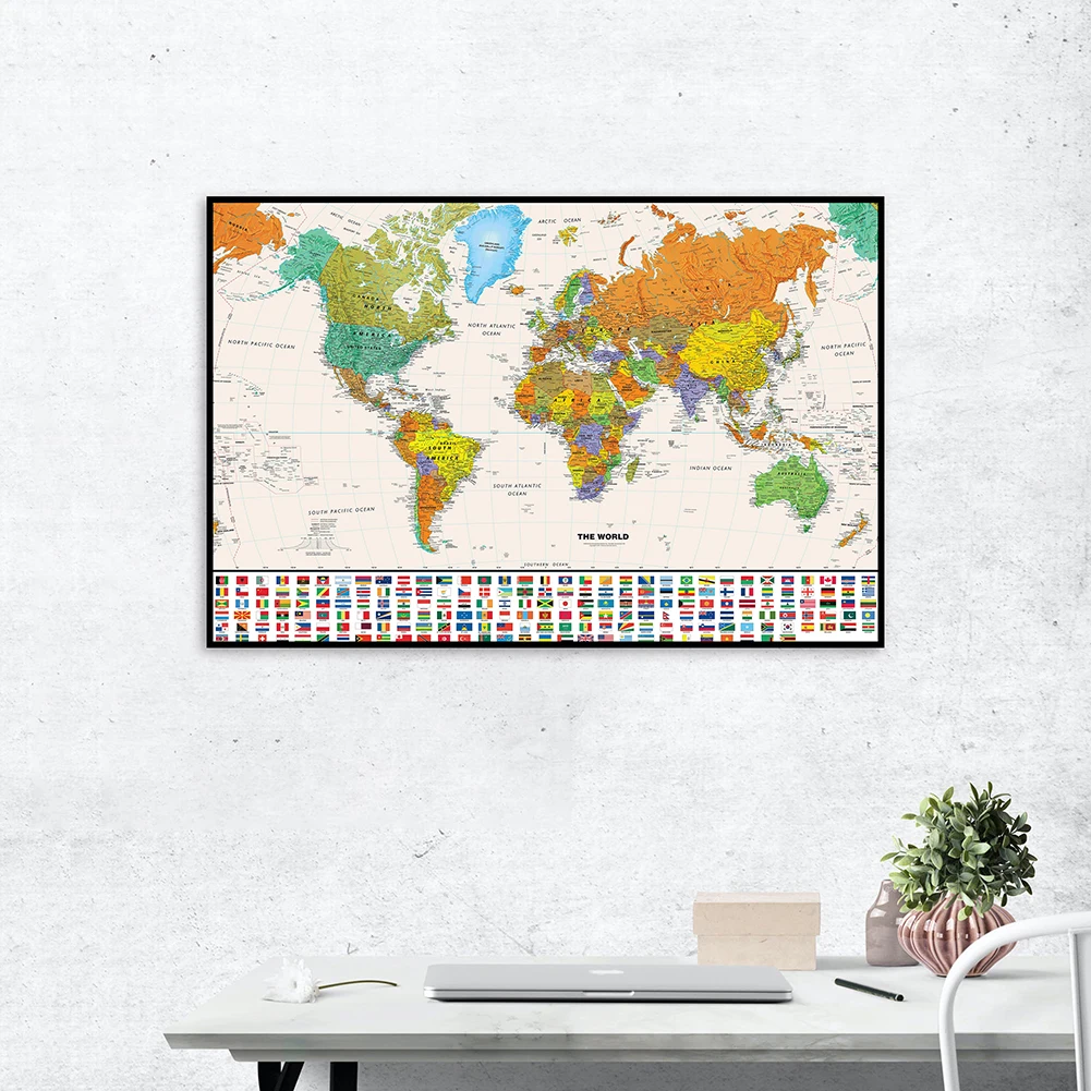 

60*40cm The World Retro Map with National Flags Spray Canvas Painting Wall Art Poster School Supplies Living Room Home Decor