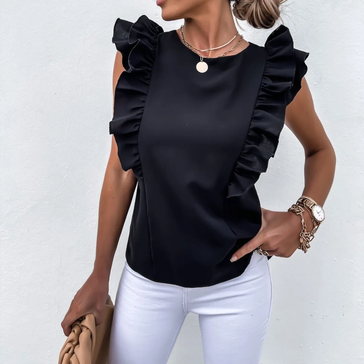 Women Casual Fashion T Shirt O Neck Short Ruffles Sleeve Solid Color Slim Elegant Comfortable Office Lady Workplace Clothes 2021 
Women Casual Fashion T Shirt O Neck Short Ruffles Sleeve Solid Color Slim Elegant Comfortable Office Lady Workplace Clothes 2021