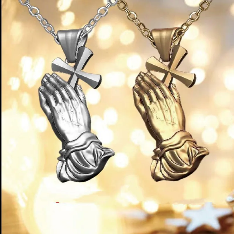 

Hands Together Prayer Cross Pendant Necklace Trendy Amulet Jesus Christian Collar for Man Women Religion Jewelry 60 CM Chain