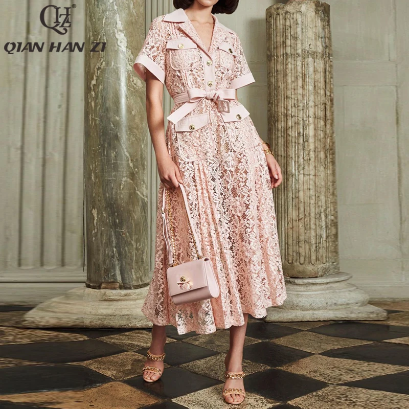 Qian Han Zi летнее дизайнерское модное кружевное платье для женщин с короткими рукавами Винтажное с карманами вырезами розовое приталенное платье с вышивкой и поясом
Qian Han Zi летнее дизайнерское модное кружевное платье для женщин с короткими рукавами Винтажное с карманами вырезами розовое приталенное платье с вышивкой и поясом