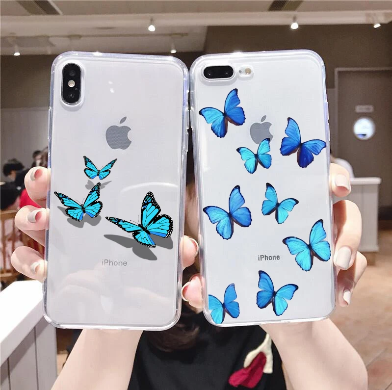 Милый синий чехол для телефона с бабочкой iphone 11 Pro Max прозрачные мягкие чехлы из