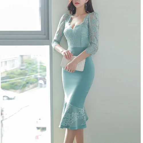 2020 new temperament lace stitching three-quarter sleeves slim fishtail skirt women Early autumn women's dress
2020 new temperament lace stitching three-quarter sleeves slim fishtail skirt women Early autumn women's dress