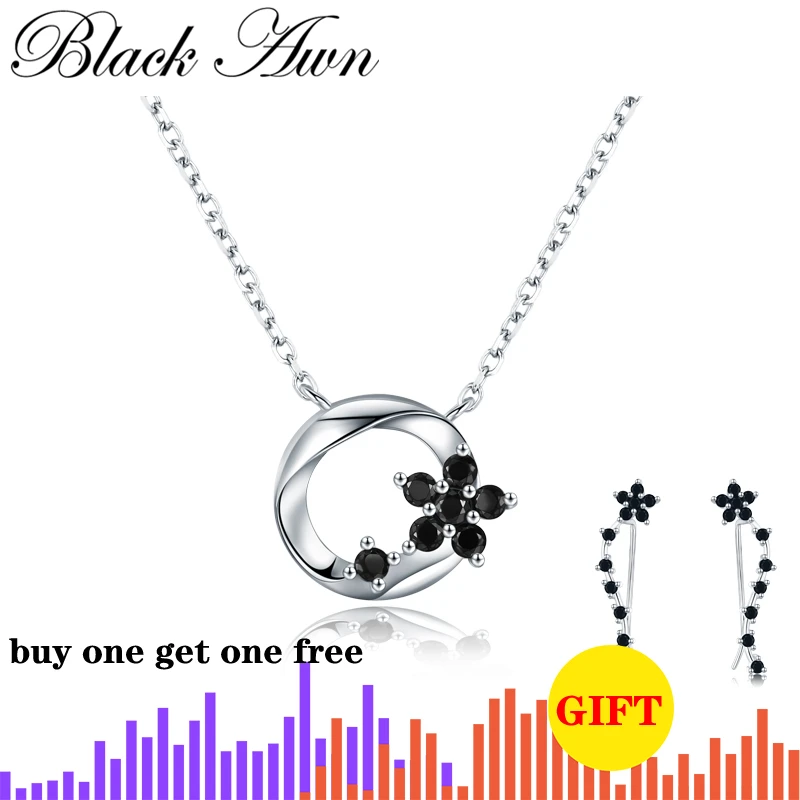 

[BLACK AWN] Classic Silver Color Jewelry Necklace for Women Flower Black Spinel Round Necklaces Pendants K036