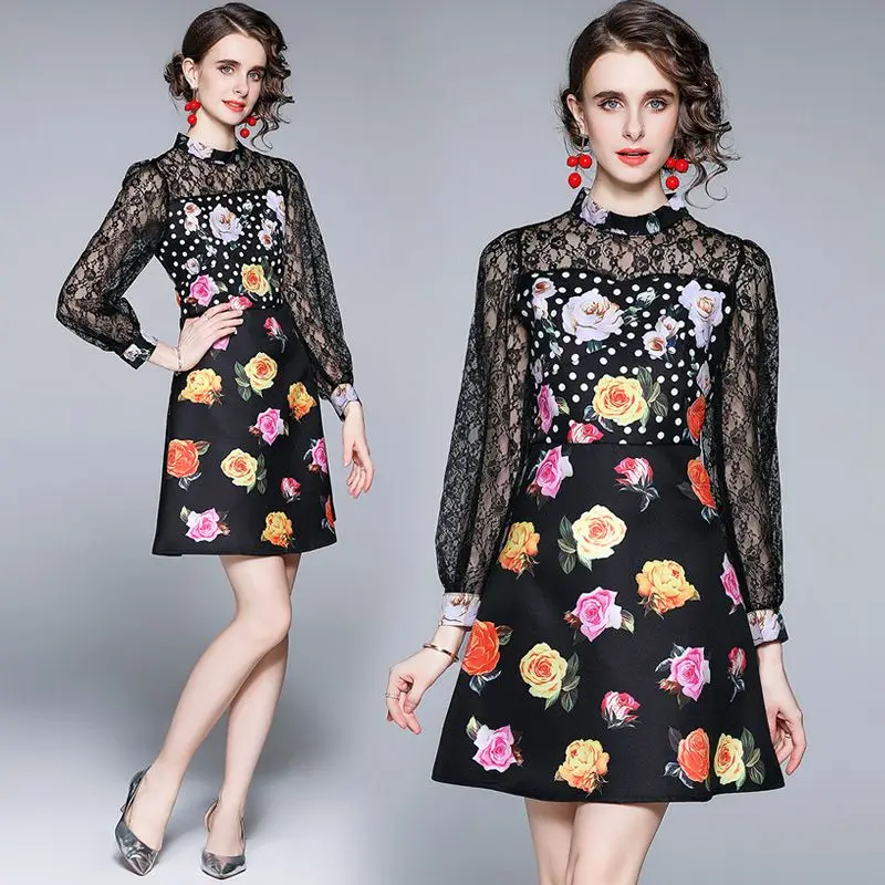 Autumn Runway Flower Dress Women Stand Collar See Through Lace Long Sleeve Patchwork Rose Floral Printed Short Vestidos 9005
Autumn Runway Flower Dress Women Stand Collar See Through Lace Long Sleeve Patchwork Rose Floral Printed Short Vestidos 9005