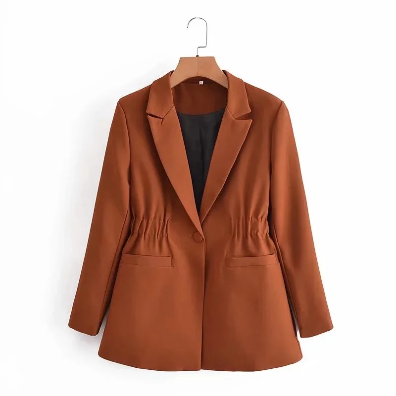Spring Autumn New 2021 Turn Down Collar Long Sleeve One Button Elastic Waist Folds Coat Top Women Blazer Casual Solid Color
Spring Autumn New 2021 Turn Down Collar Long Sleeve One Button Elastic Waist Folds Coat Top Women Blazer Casual Solid Color