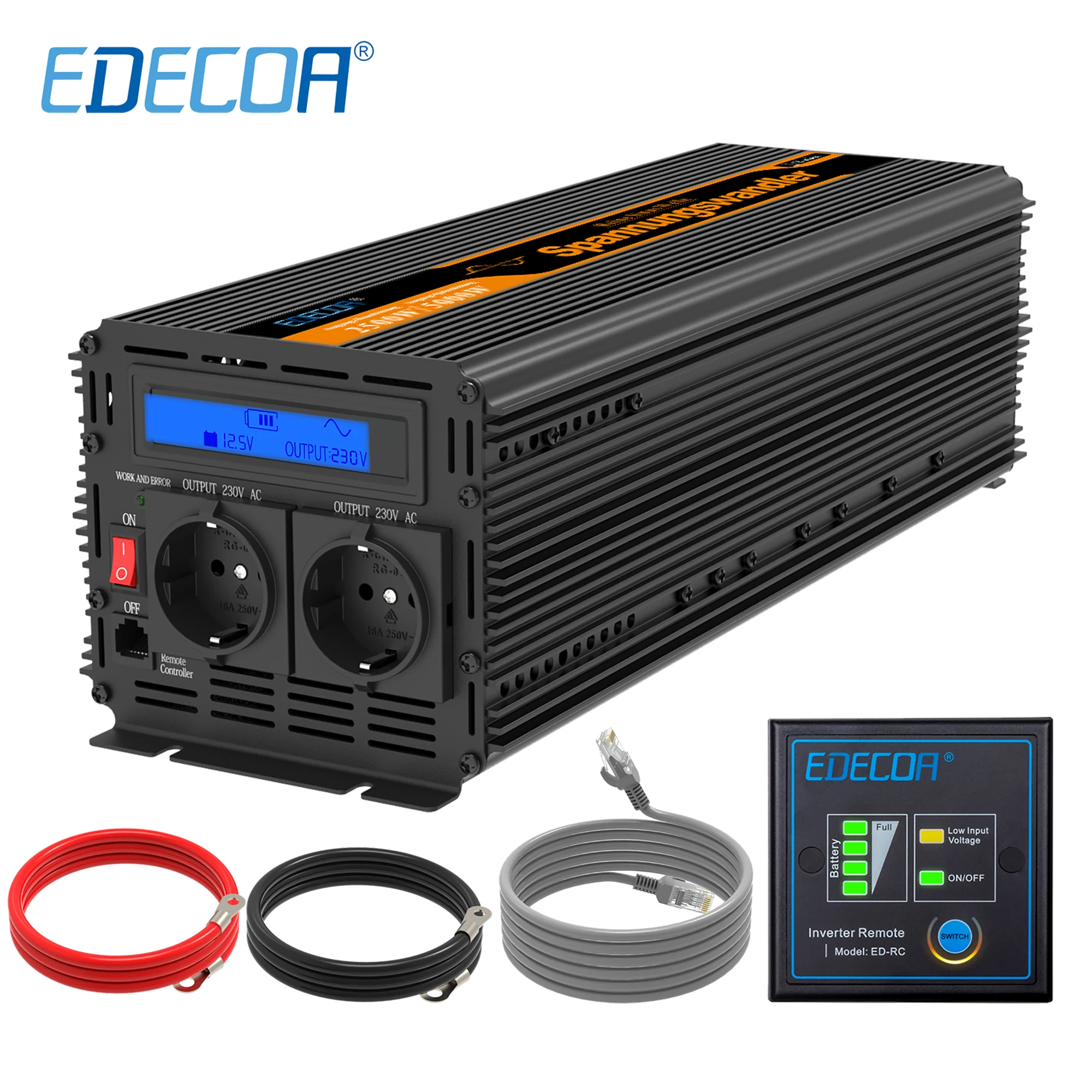 EDECOA pure sine wave DC 12V 24V to AC 220V 230V 2500W инвертор с пультом дистанционного управления LCD для транспортных солнечных систем
EDECOA pure sine wave DC 12V 24V to AC 220V 230V 2500W инвертор с пультом дистанционного управления LCD для транспортных солнечных систем