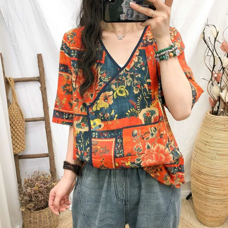 2021 Summer Chinese Traditional Women Clothing Hanfu Top Tang Suit Chinese Blouse Chinese Ancient V Neck Linen Shirts
2021 Summer Chinese Traditional Women Clothing Hanfu Top Tang Suit Chinese Blouse Chinese Ancient V Neck Linen Shirts