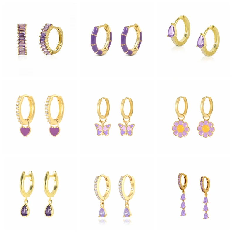 

AIDE S925 Sterling Silver Purple Zircon Boho Hanging Earrings For Women Crystal Jewelry Enamel Piercing Earings Gift Aros Colore