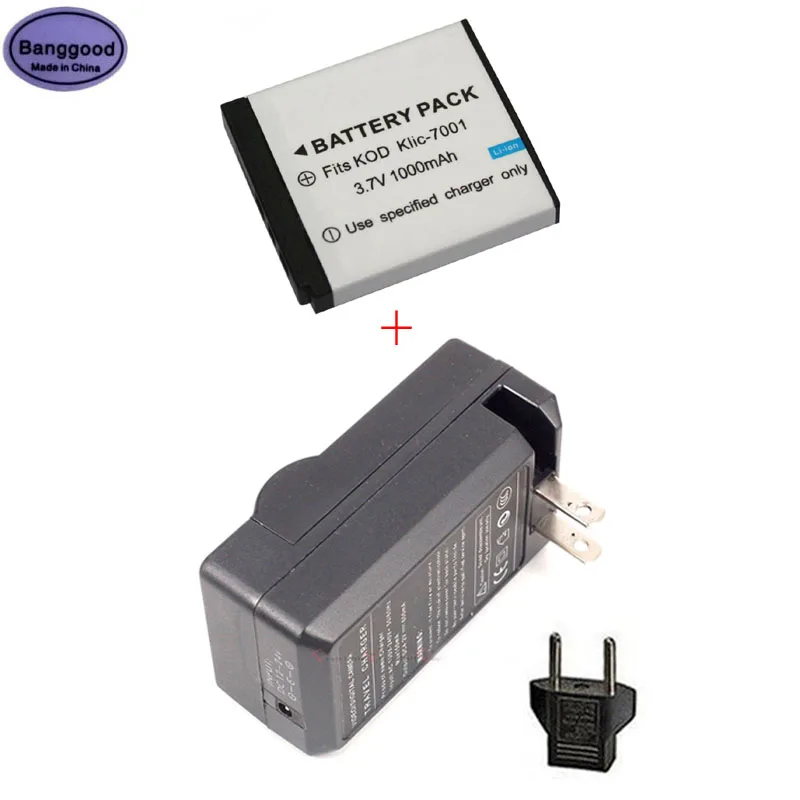 

3.7V 1000mAh KLIC-7001 KLIC7001 K7001 Camera Battery + AC Charger for Kodak V550 V570 V610 V705 M753 M763 M853 M863 M893 M1063