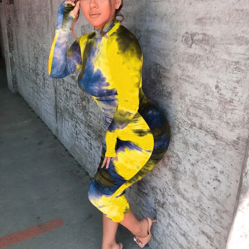 Spring Long Sleeve Tie Dye Ruched Bodycon Sexy Midi Dress Women Outfits Party Bright Clothing Vestido De Mujer Streetwear 2021
Spring Long Sleeve Tie Dye Ruched Bodycon Sexy Midi Dress Women Outfits Party Bright Clothing Vestido De Mujer Streetwear 2021