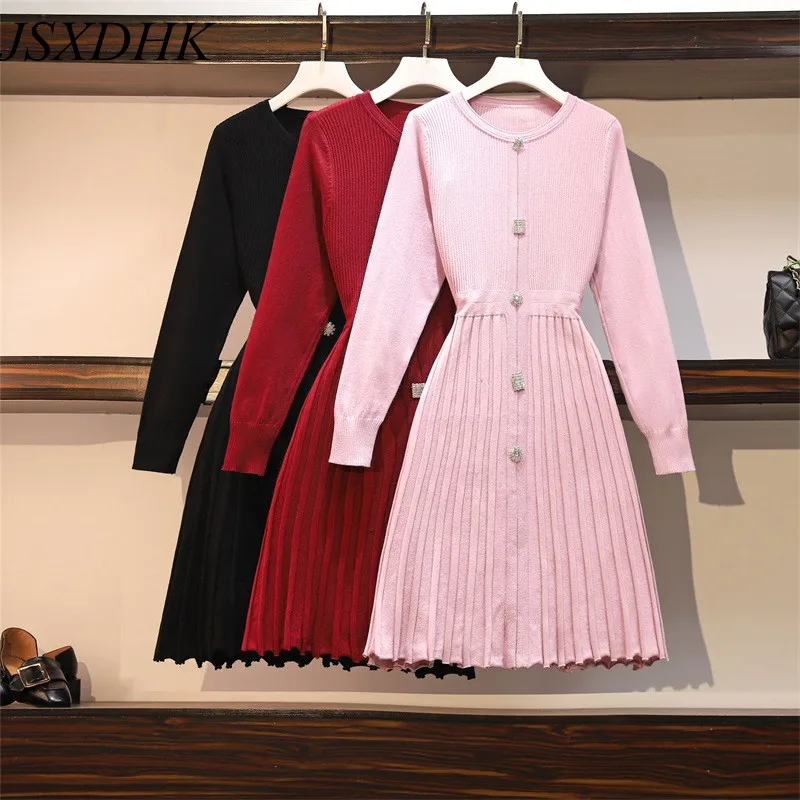 JSXDHK Sweet Girl Autumn And Winter Knitted Pleated Dress Fashion Women Long Sleeve Diamonds Button Pink Sweater Dresses S-4XL
JSXDHK Sweet Girl Autumn And Winter Knitted Pleated Dress Fashion Women Long Sleeve Diamonds Button Pink Sweater Dresses S-4XL