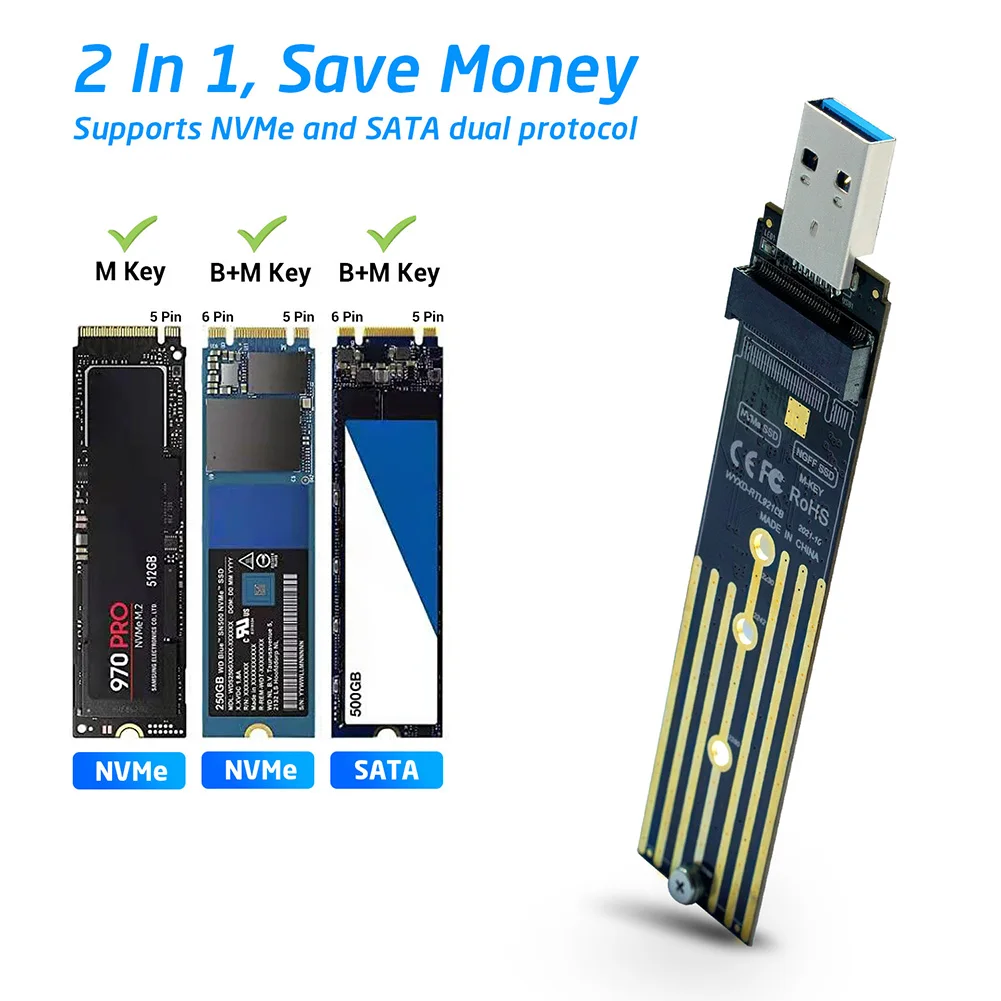 

M2 SSD Adapter NVMe Enclosure M.2 to USB 3.1 Case for NVME PCIE NGFF SATA M/B Key 2230/2242/2260/2280 SSD RTL9210B Dual Protocol