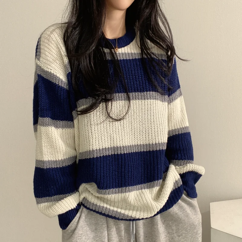 Korean New Autumn Lazy Wind Striped Sweaters Women Harajuku Contrast Colors Casual O Neck Thick Pullovers Female Chic Knitwear
Korean New Autumn Lazy Wind Striped Sweaters Women Harajuku Contrast Colors Casual O Neck Thick Pullovers Female Chic Knitwear