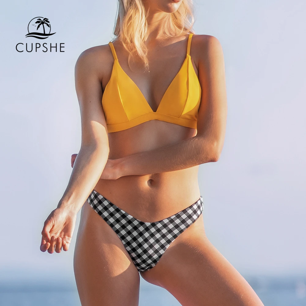 Комплект бикини CUPSHE желтый с пестрыми треугольниками сексуальные купальник