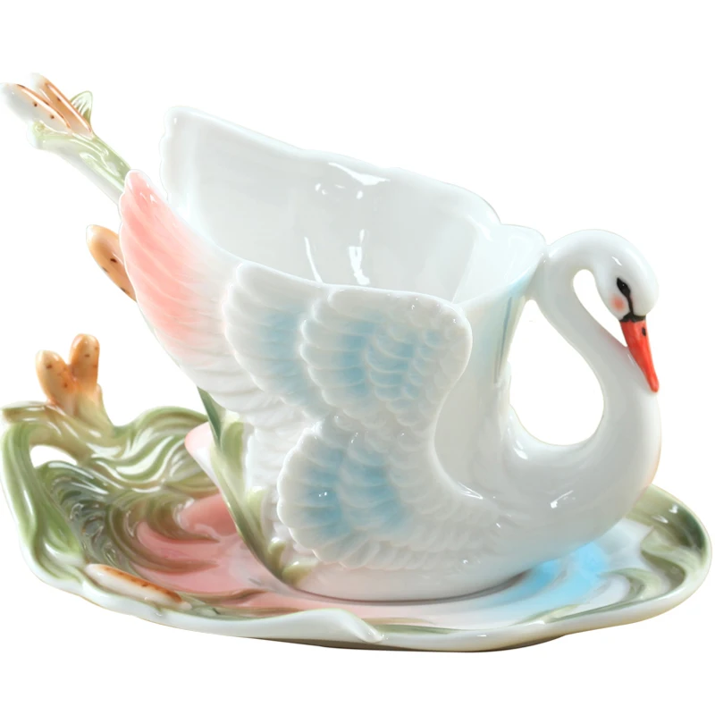 

Высококачественная эмалированная кофейная кружка и блюдо с изображением белого лебедя и животного, креативная фарфоровая кружка для напит...