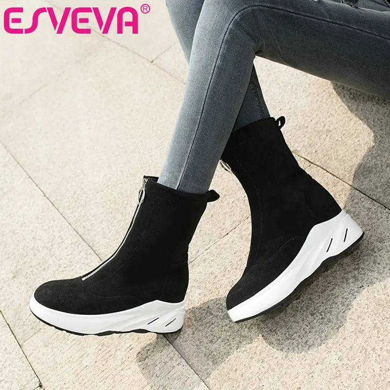 ESVEVA 2021 Elegant Round Toe Wedge Low Heel Flock Ankle Boots Women Boots Shoes Western Style Black Boots Size 34-39
ESVEVA 2021 Elegant Round Toe Wedge Low Heel Flock Ankle Boots Women Boots Shoes Western Style Black Boots Size 34-39