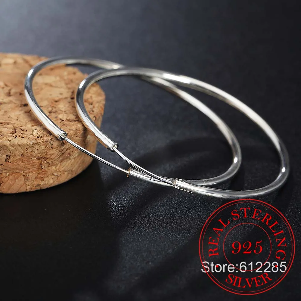 

100% Pure 925 Sterling Silver Hoop Earrings For Women 50mm 60mm Round Circle Loop Simple Woman Silver Hoop Earrings Party Gift