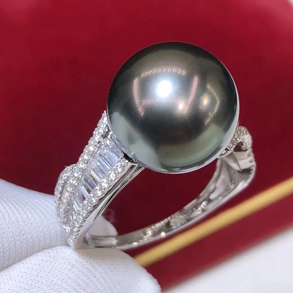 

D325 Pearl Ring Solid 14k White Gold 11-12mm Natural Ocean Sea Tahiti Black Pearls Female's Rings for Women Fine Gifts