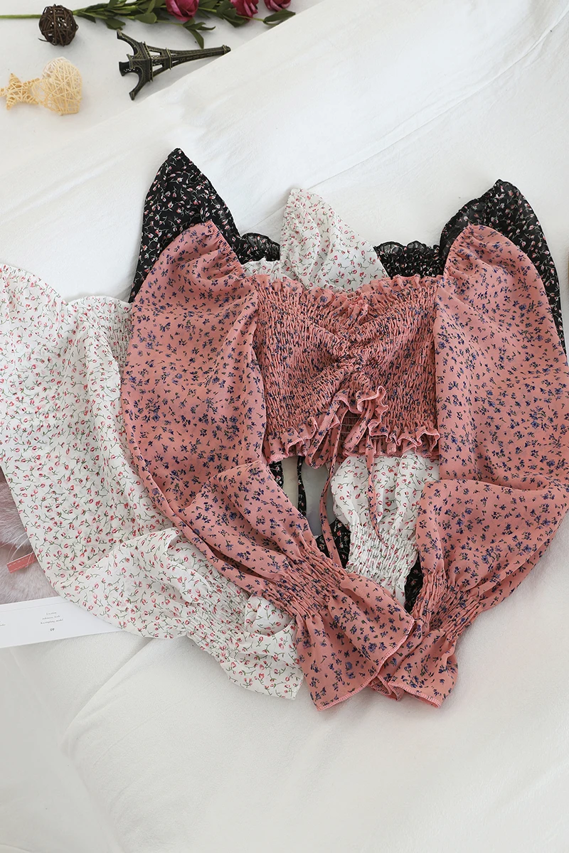 Sweet Ruffles Chiffon Blouses Off Shoulders Floral Printed Pleated Shirts Drawstring Long Puff Sleeve Crop Tops Blusas
Sweet Ruffles Chiffon Blouses Off Shoulders Floral Printed Pleated Shirts Drawstring Long Puff Sleeve Crop Tops Blusas